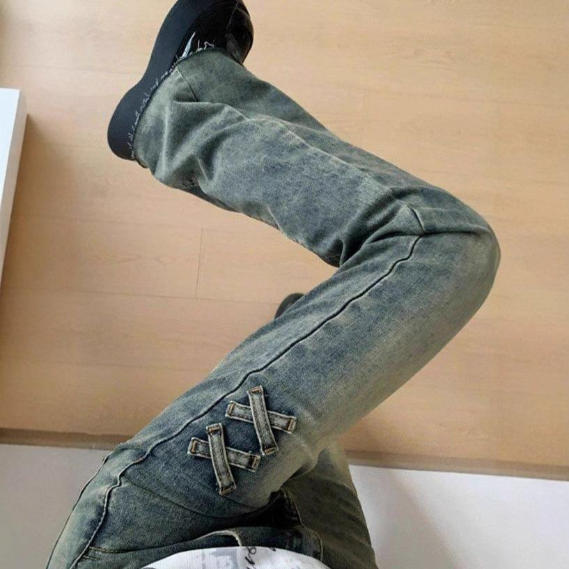 Slim Retro Blue High-waisted Bow Bow Micro-large Denim Jeans Female Summer Ragged Elastic Skinny Horseshoe Pants Retro Baggy Long Jeans for Ladies