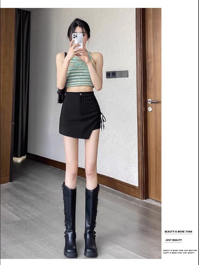 2024 Damen Schwarzer High Waist A-Linien Plissierter Kurzer Rock mit Kordelzug