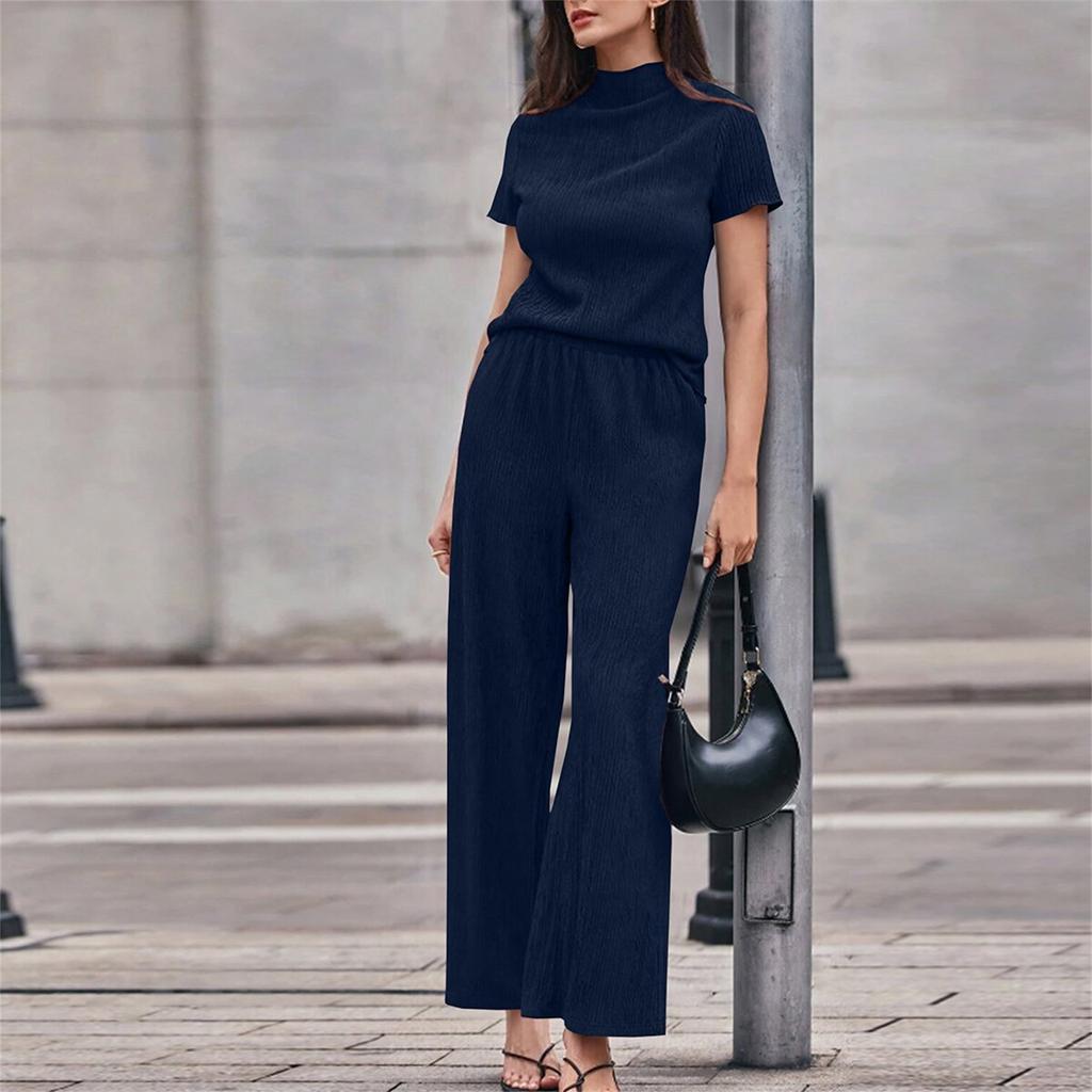 Women's 2-Piece Fashion Casual Short-Sleeve Turtleneck Loose Top + Wide-Leg Pants Loungewear Set