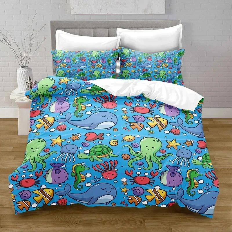 New Cartoon Ocean Fish Duvet Cover Marine Theme Bedding Set Twin Decor Microfiber Sea Underwater World Comforter Cover