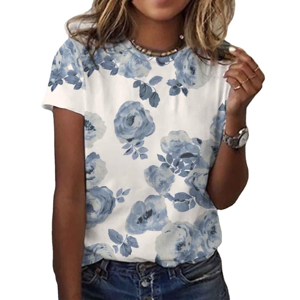 Colorful Floral 3D Digital Printed Women's Fashionable Casual Round Neck Short Sleeved T-shirt