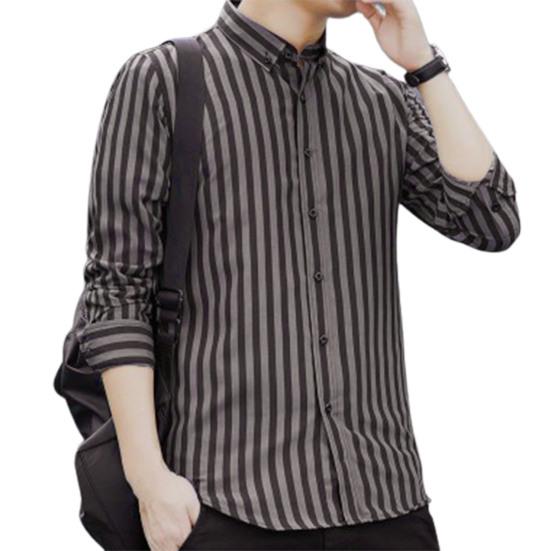 Men Shirt Formal Single-breasted Stripe Turn-down Collar Business Shirt for Work