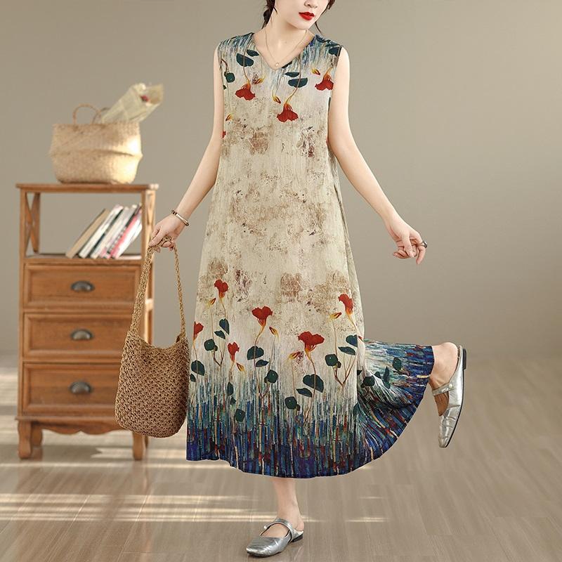 Sleeveless Plus Size Cotton Vintage Floral New In Dresses for Women Casual Loose Long Summer Dress