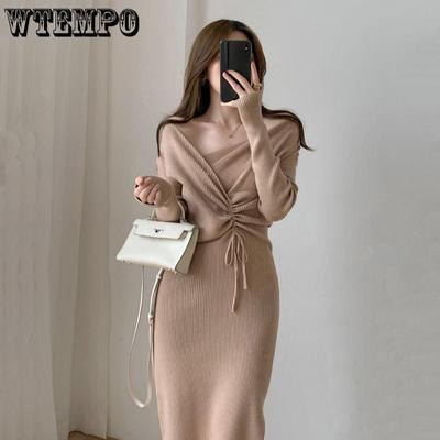 Large Temperament Light Mature Style Medium Length Knitted V-neck Split Dress