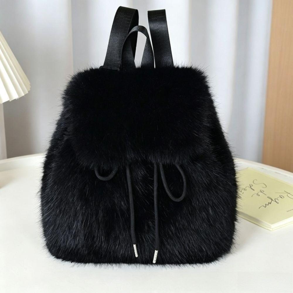 Drawstring Mini Daypack Adjustable Closure Plush Knapsack Y2k Fashion Faux Fur Backpack Travel