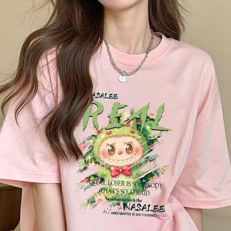 Hot Summer Labubu Print Women Short Sleeve T-shirt Casual Fashion Clothing Girl Cartoon Cute Anime Printed Tops