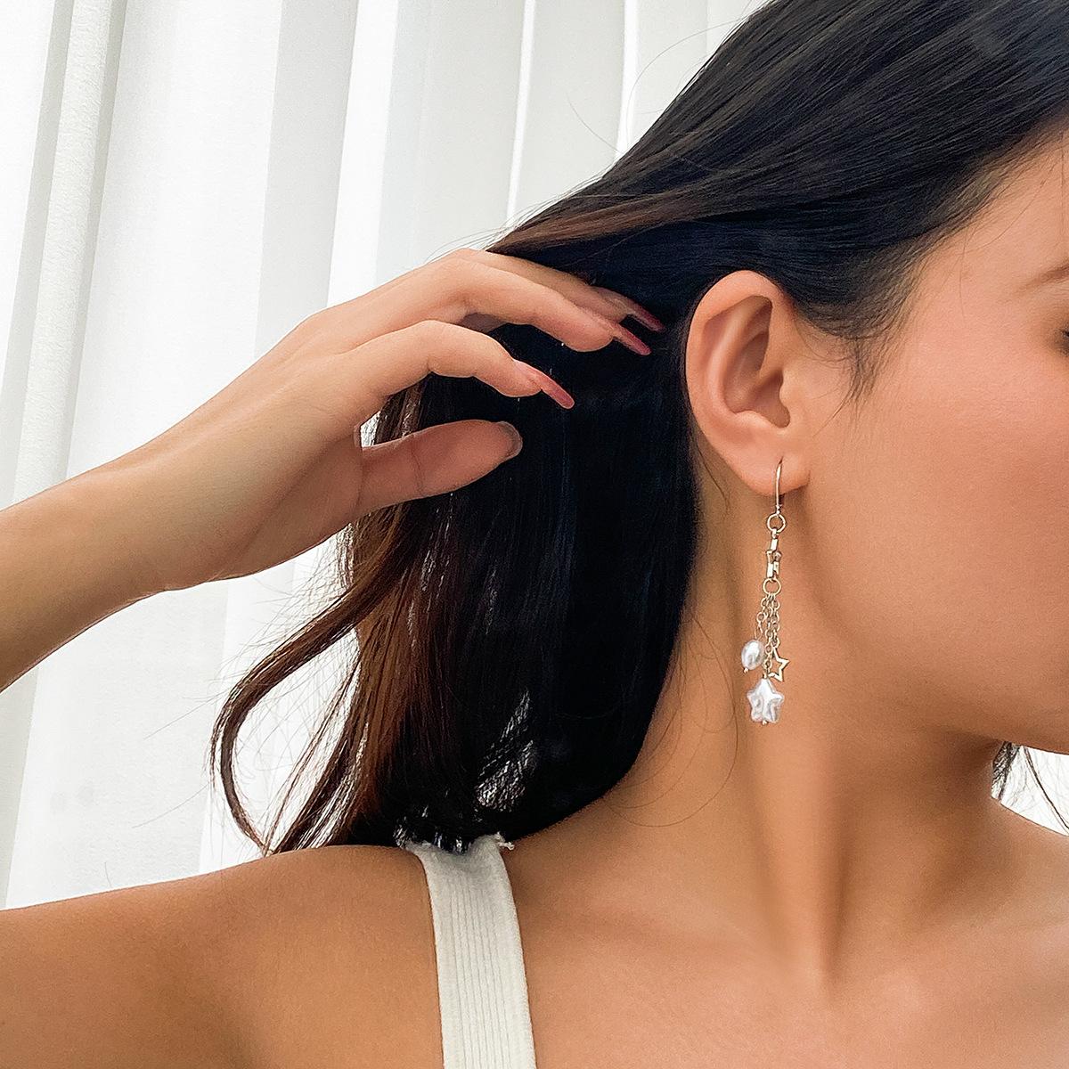 

Accessories, pastoral fresh star imitation pearl fringed earrings, versatile temperament long earrings