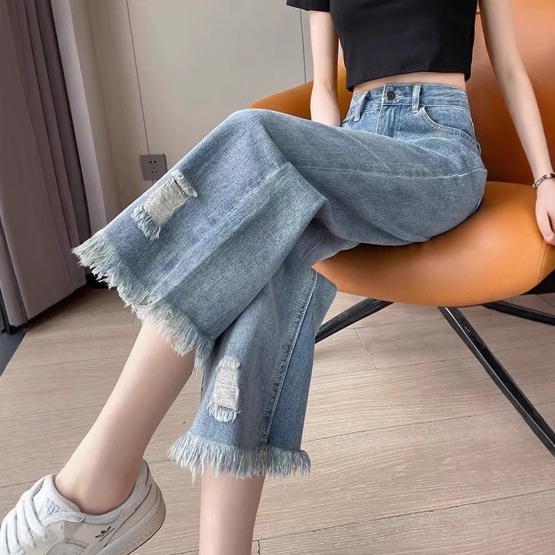 High Waist Ripped Jeans Summer Thin Loose Nine Points Fringe Straight Wide Leg Pants