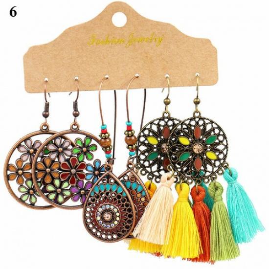 3 Pairs Boho Gypsy Earrings Tribal Ethnic Tassel Turquoise Ear Hook Drop Dangle₊