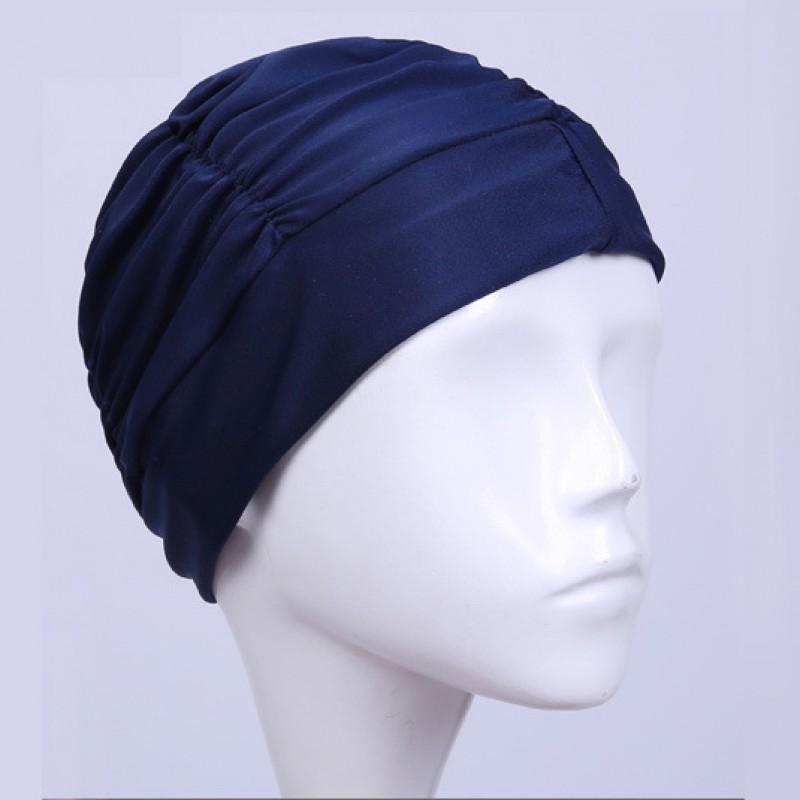 

Comfortable Unstrung Long Hair Pleated Swimming Cap Solid Color Cloth Women s Nylon Hat темно-синий