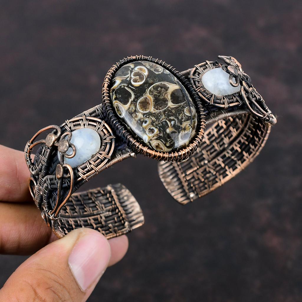 Turritella Agate Cuff Bracelet Copper Wire Wrapped Bangle Rainbow Moonstone Gemstone Cuff Handmade Adjustable Bangle Copper Jewelry For Gift