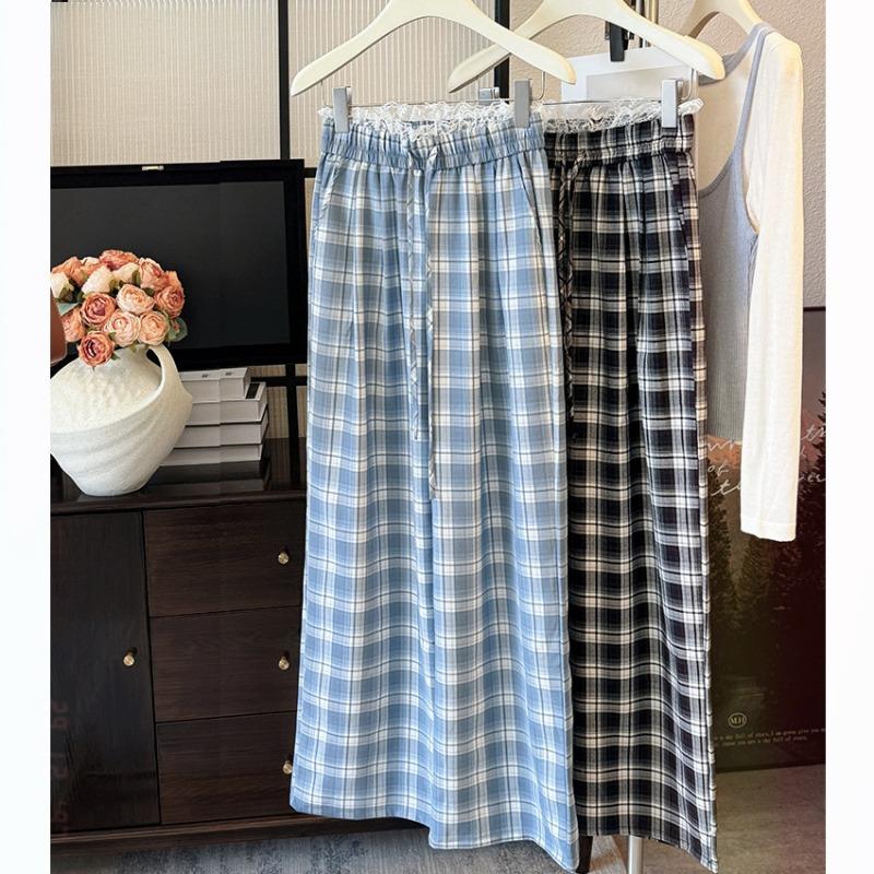 Loose retro plaid pants lace casual pants women's spring and summer loose wide-leg trousers mopping the floor and walking bay pants