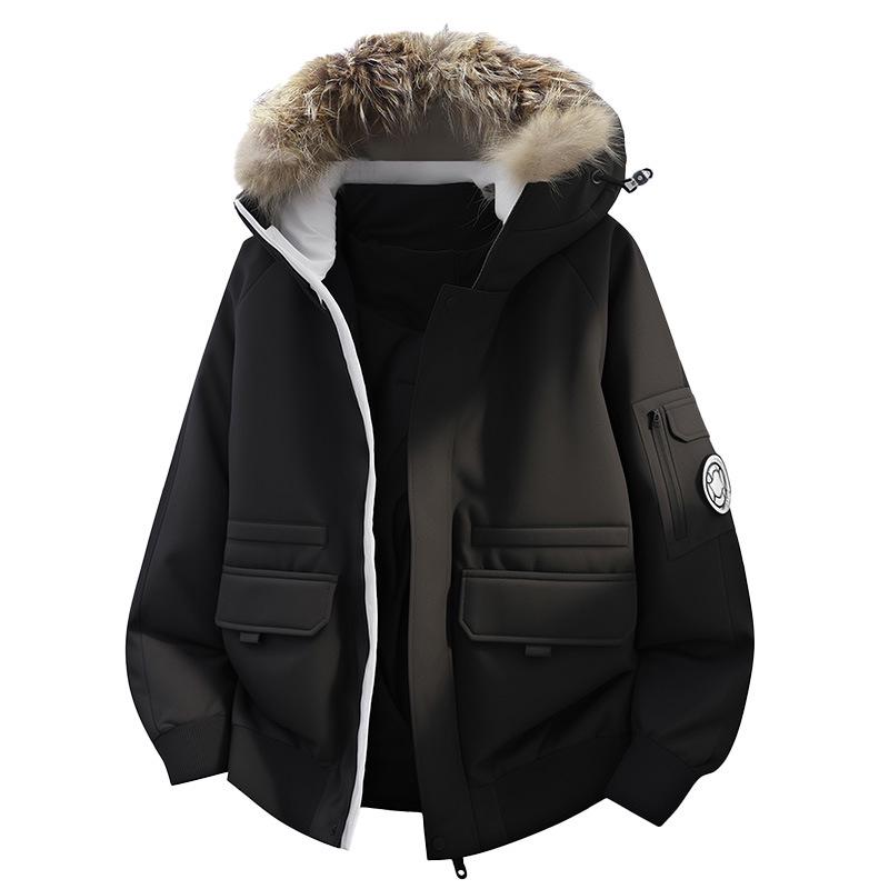Men's Unisex Windproof Winter Workwear Down Jacket with Warm Hood & Large Fur Collar