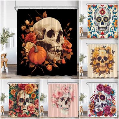 Cortina de Chuveiro Caveira Flor Boêmia Flor Folhas de Planta Vintage Feliz Halloween Decoração de Banheiro Cortina de Banheira de Poliéster