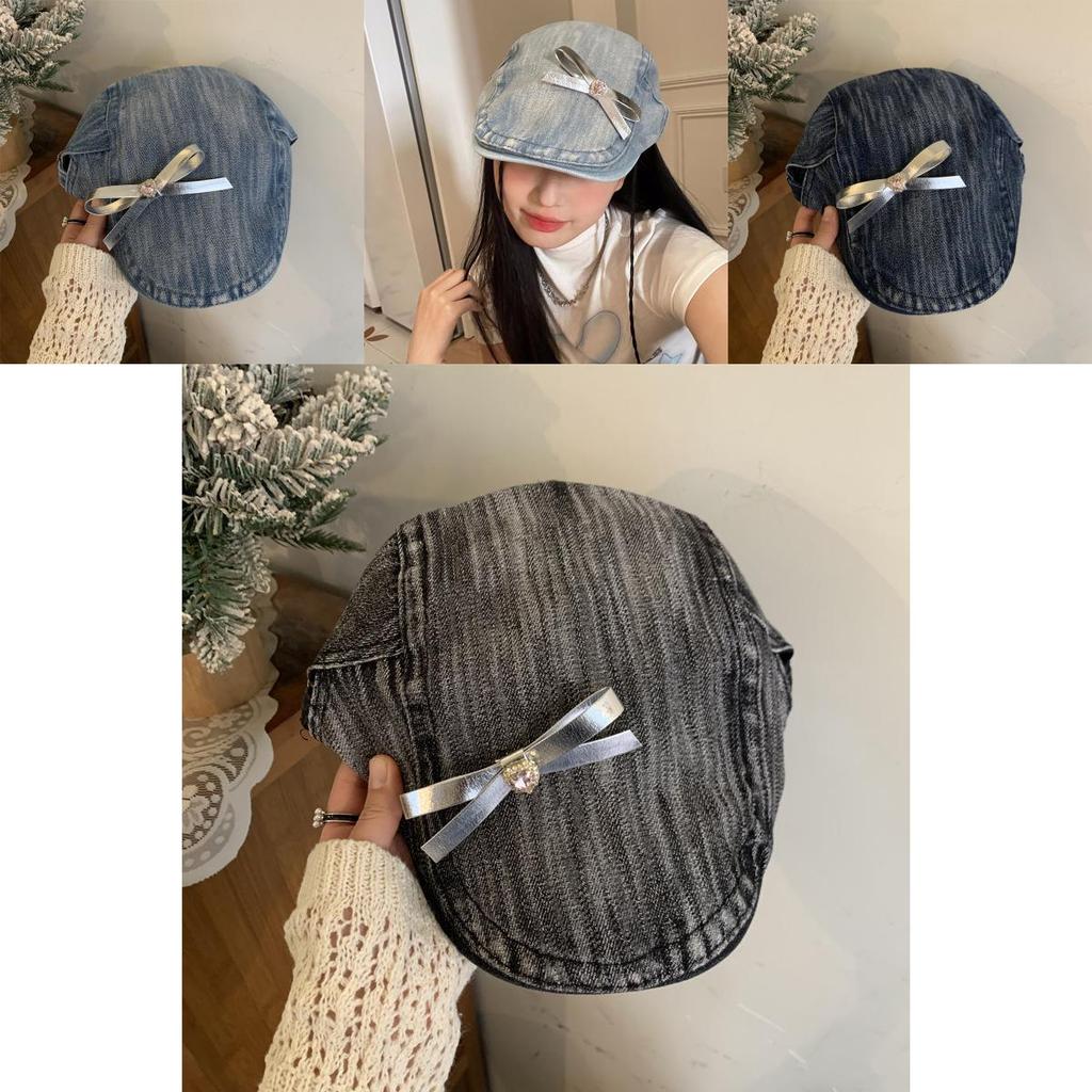 Original Design Diy Butterfly Knot Beret Hat For Women In Cool Y2k Vintage Denim Style