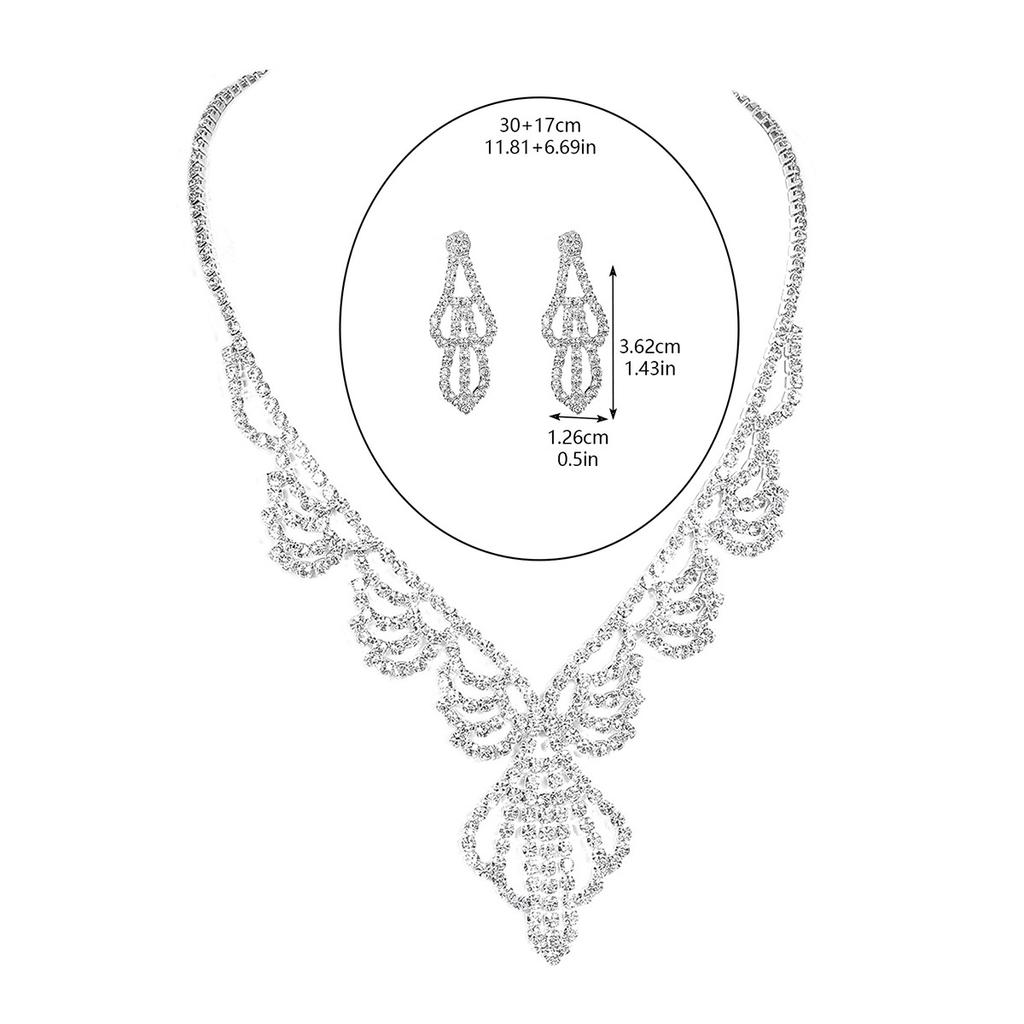 Geometric Hollow Super Flash Rhinestone Necklace Earrings Two-piece Set, Luxury Bridal Jewelry Set