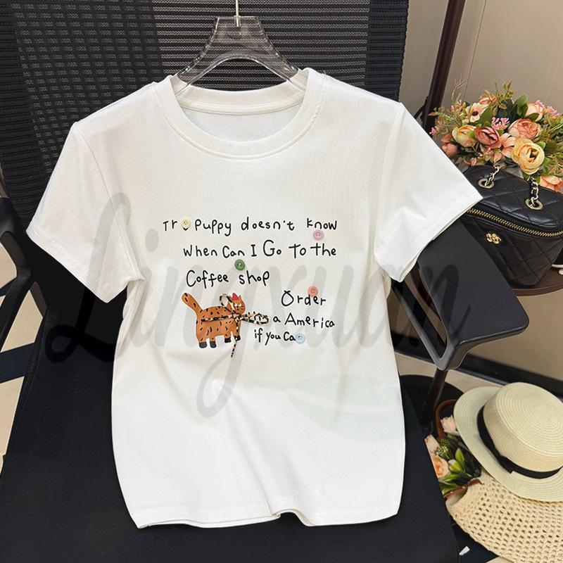 

Women s Korean Style 3D Button Print Loose Short-Sleeve T-Shirt - Casual Versatile Round Neck Top Medium білий