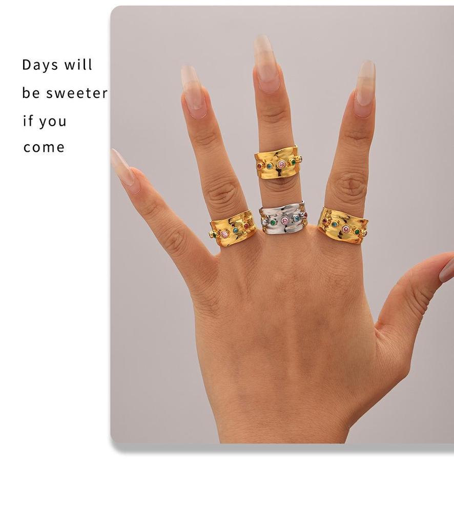 Qiong Yao Mixed Color Cubic Zirconia Open Ring C-shaped Earrings, 18K Gold Plated Stainless Steel Jewelry Set for Women