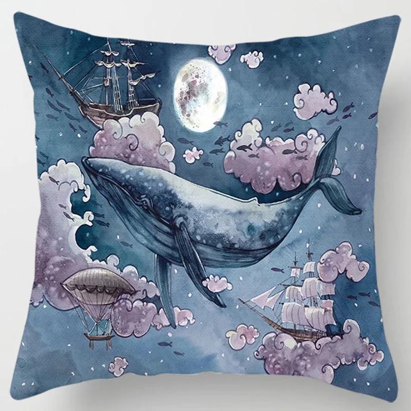 Ocean Whale Oil Painting Series Printed Pattern Cushion Cover Home Living Room Sofa Decoration Square Pillow  Cover45x45cm