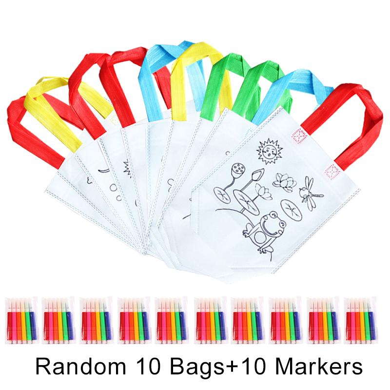10PCS PDIY Graffiti Bag with Coloring Marker Carnival Animal Art Party Goodie Bags for Kids Reusable Mini Non-woven Shopping bag