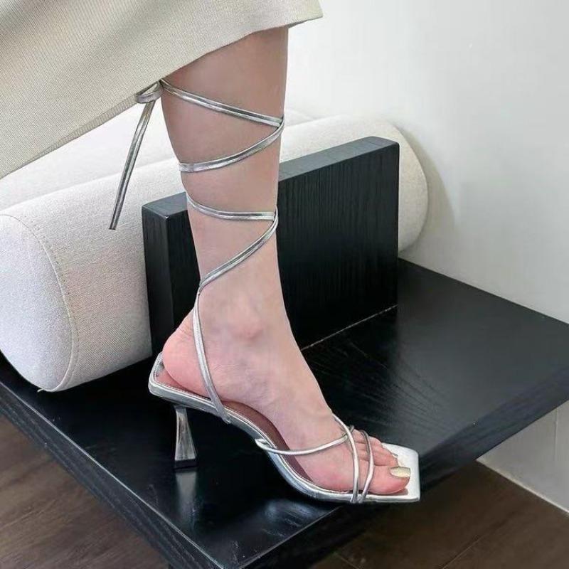 Fashion Strappy Roman Stiletto Sandals Spring Summer New Square Toe Open Toe Slim Strap Cross Strap Anti-Slip Wear-Resistant High Heels