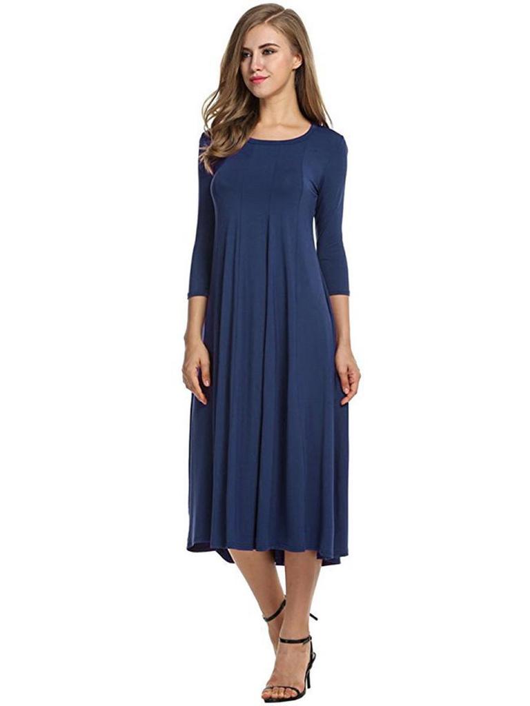 2024 Damen Sommer Mode Rundhals Mittellange Ärmel Einfarbig Großes Schwingkleid