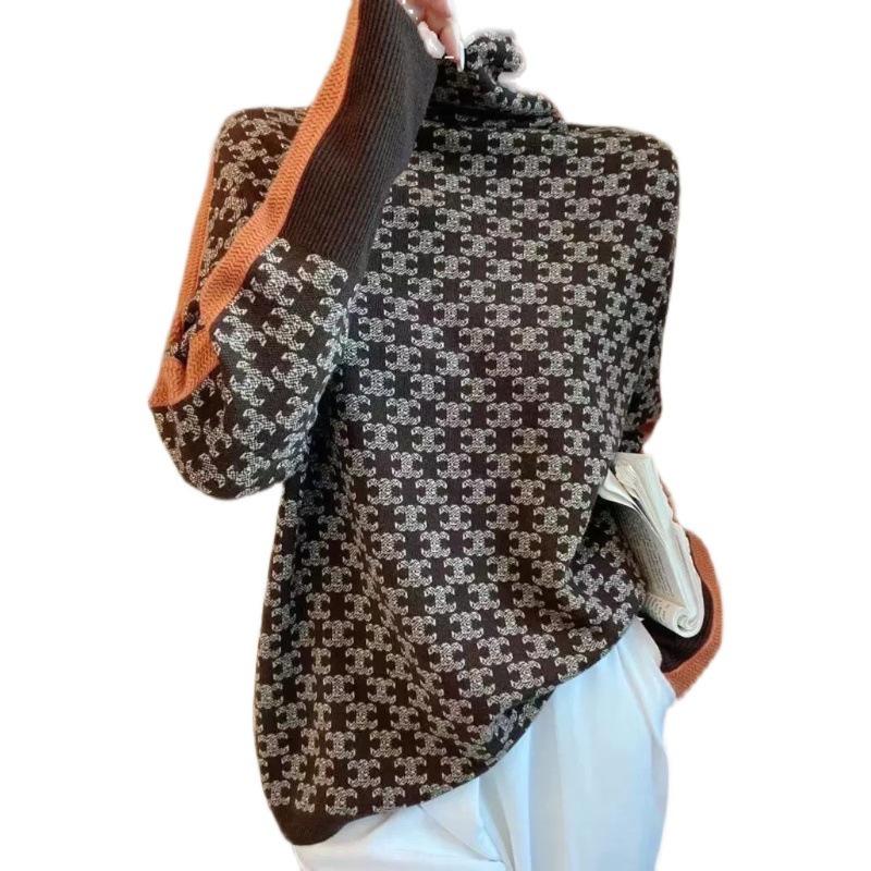 2024 Autumn/Winter Women's Turtleneck Sweater: Retro Pattern, Contrast Color, Knitted Style