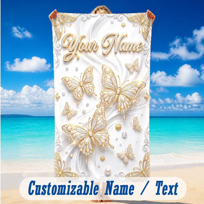 Butterfly Theme Beach Towel Personalized Custom Name & Text Soft Quick Dry Beach Towel for Swimming Travel