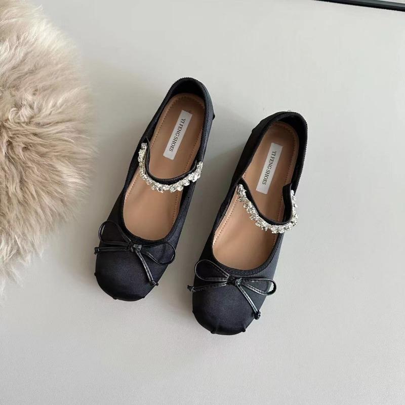 Sheepskin version~ Small inner height increase rhinestone ballet shoes women's shallow mouth single shoes bow Mary Jane shoes