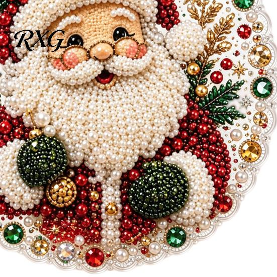 Decorative Ornaments for Garden Christmas DIY Faux Diamond Painting Hanging, Santa Wreath Acrylic Pendant, Pearl Crystal Texture Beads Craft Kit Wall
