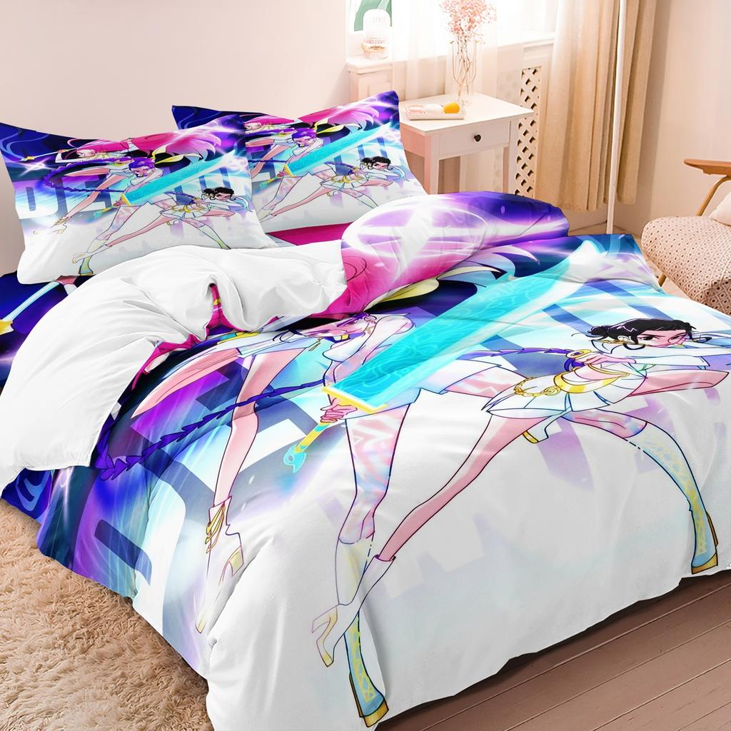 K-Pop Bettwäscheset Dämonenjäger Motiv Bunter Druck Polyester Schlafzimmer Bettlaken Bettbezug Geschenk Heimtextilien