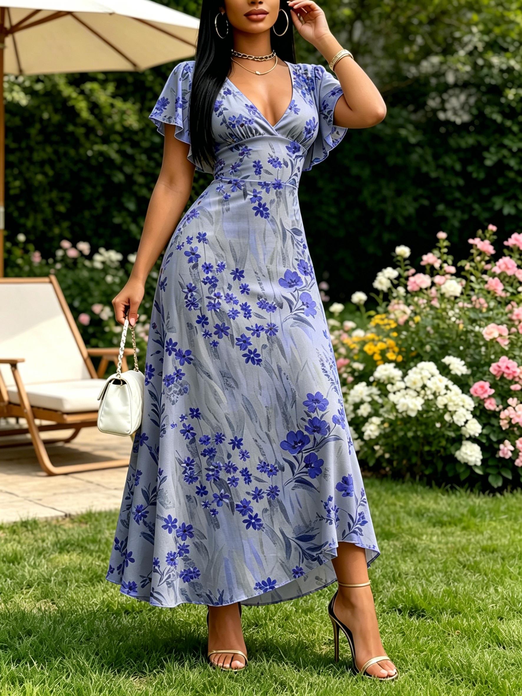 Women Floral Print Maxi Dress V Neck Flutter Sleeve Summer Party Casual Dress XS