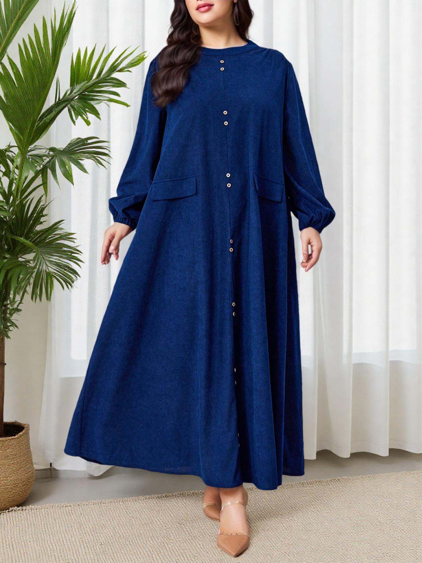

Middle East Plus Size Pleated Solid Long Sleeve Loose Lantern Dress: Comfortable, Flaw-Covering, Slimming Long Skirt 1X темно-синього кольору