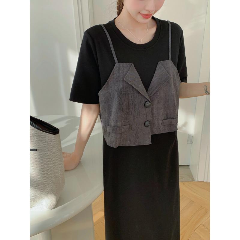 DIMANAF 2025 Sommer Übergröße Kleid Damen Lässig Vintage Kleid Basic Locker O-Ausschnitt Lang Fake Zweiteiler Kleid Baumwolle