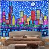 Colorful city skyline with rectangles, trees, and dotted night sky. Patterned tapestry for bedroom and living room home decor