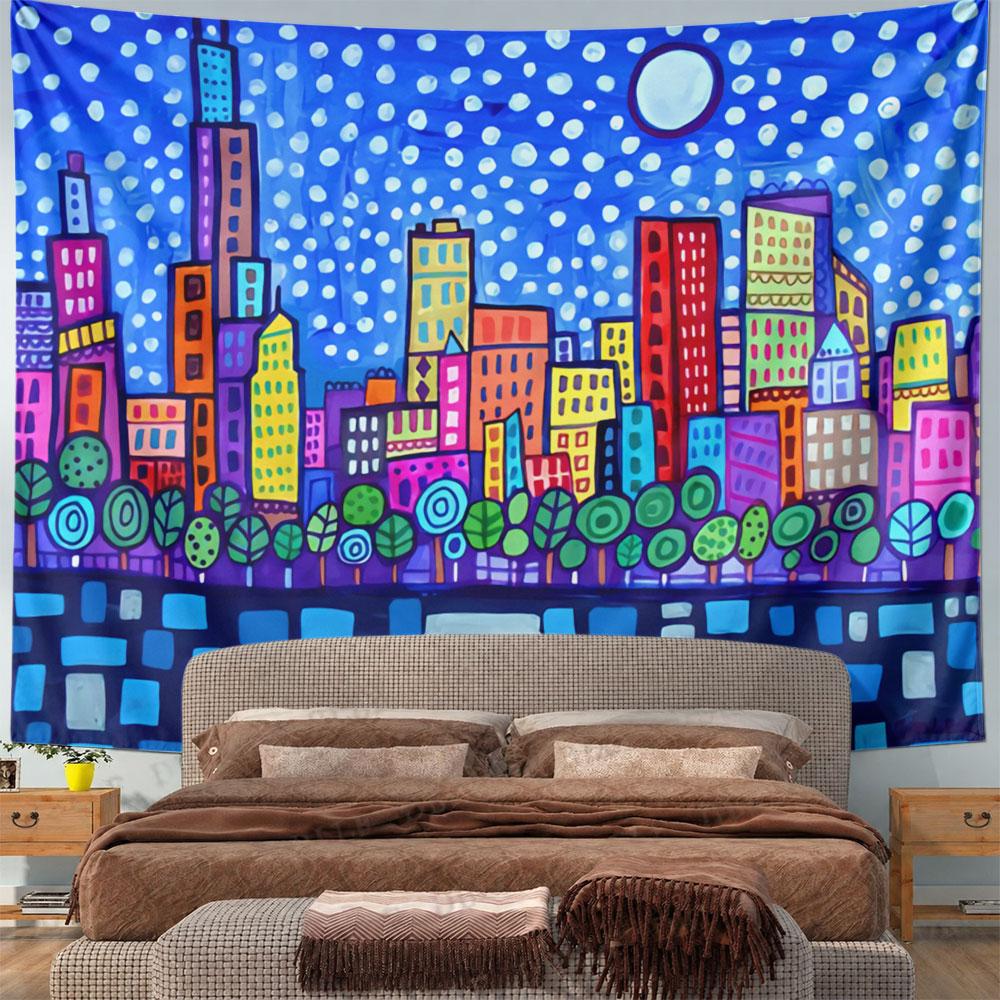 Colorful city skyline with rectangles, trees, and dotted night sky. Patterned tapestry for bedroom and living room home decor