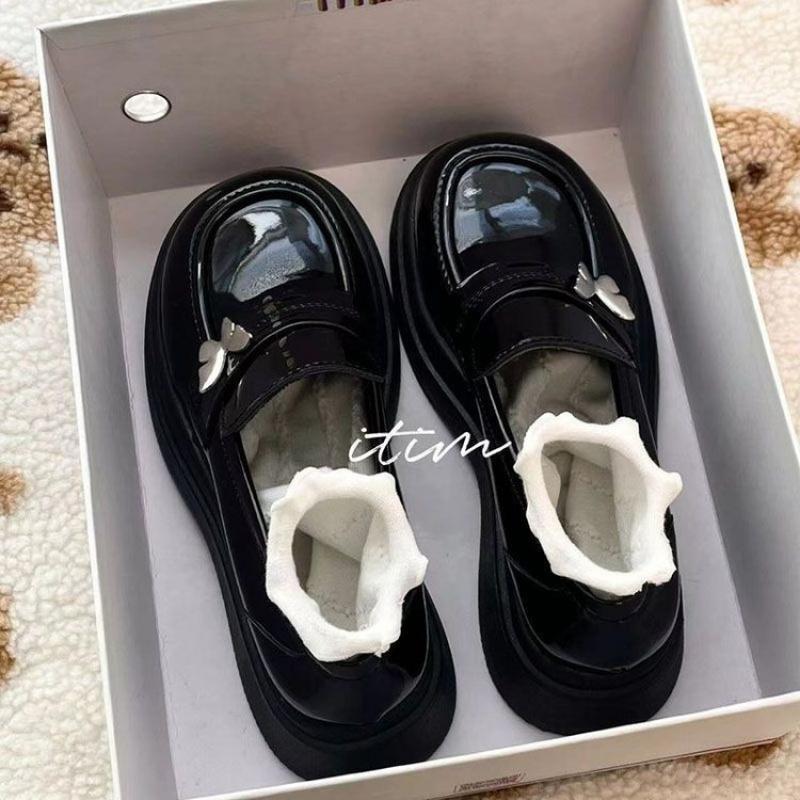 British Style Black Bow Loafers Slip-On Shoes for Women 2025 New Spring and Autumn Thick-Soled Retro Platform Leather Shoes