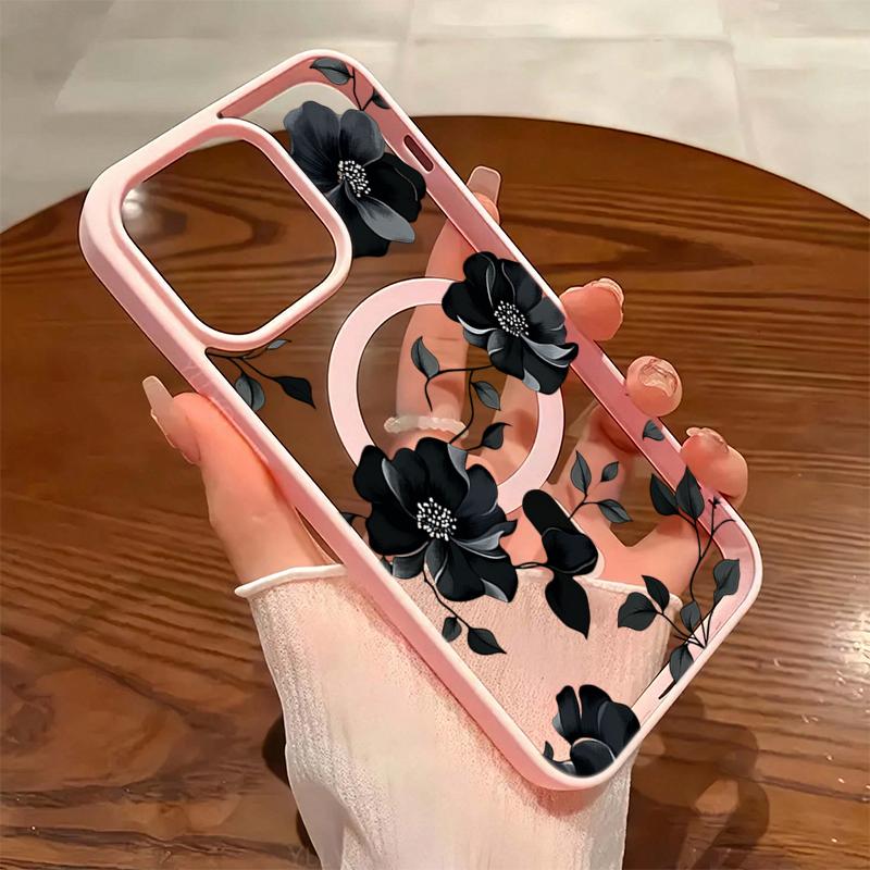 Black Floral Pattern Transparent Magnetic Wireless Charging Phone Case For iPhone 17 16 15 Pro Max 14 Plus 13 12 11 17E 17 Cover