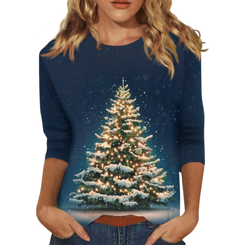 Women's O-Neck 3/4 Sleeve Christmas Print Top