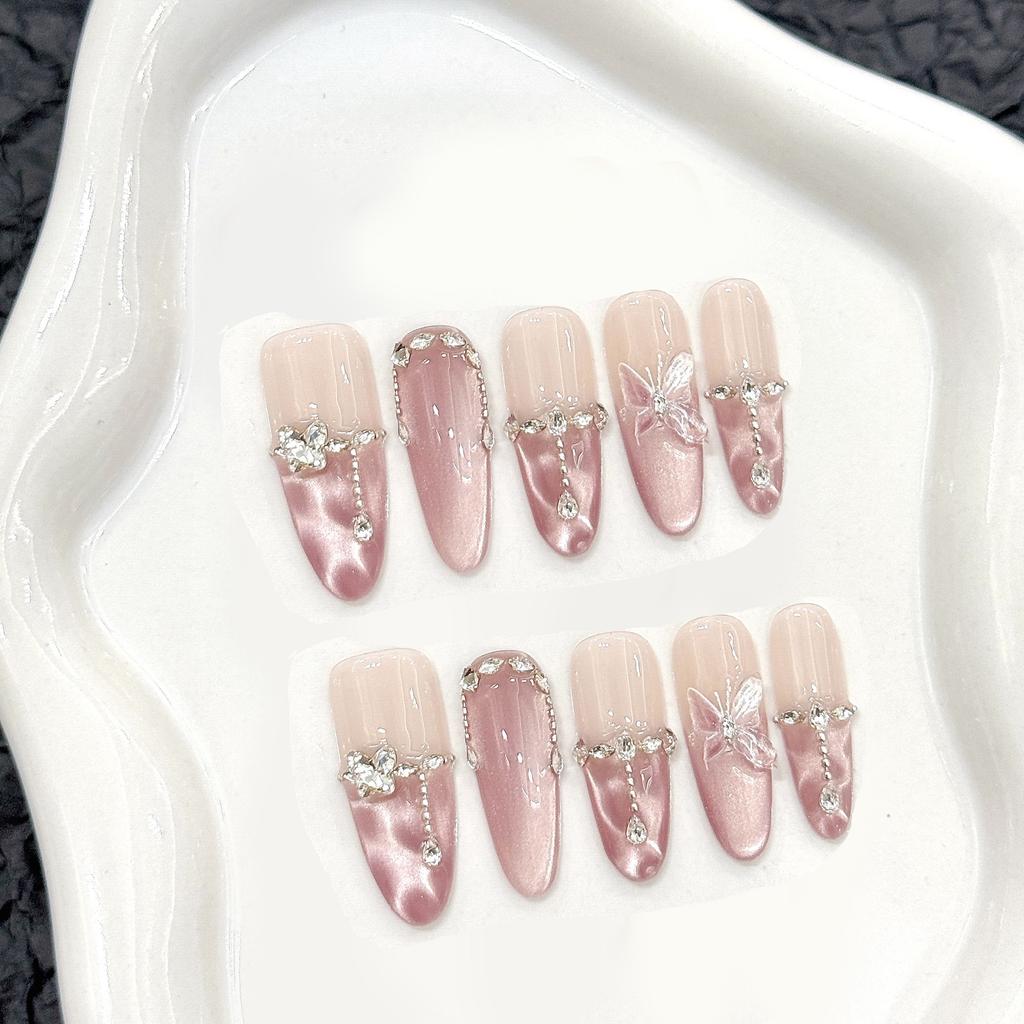 10pcs Handmade Press on Nails Pink Butterfly Design Fake Nails Wearable Reusable Glitter Cat Eye Sweet Korean False Nail Tips