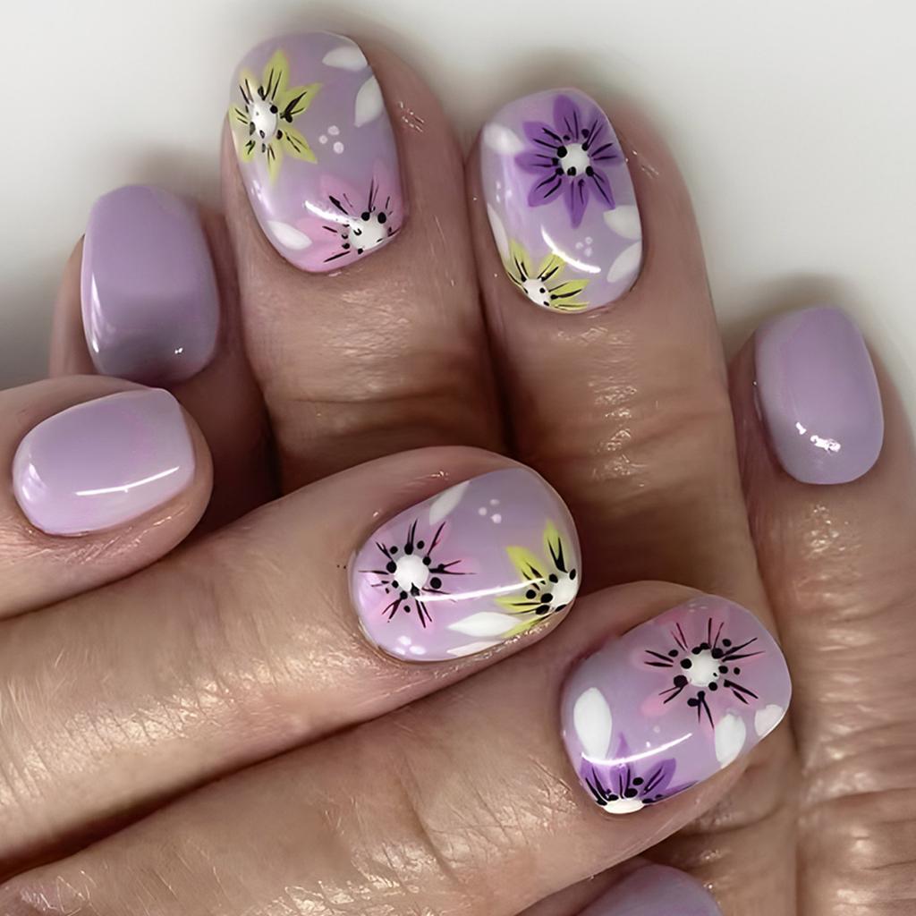 24 Bucăți Unghii Presate Scurte Pătrate Unghii False Violet Floral Vârfuri Franceze Acoperire Completă Designuri Manichiură pentru Femei