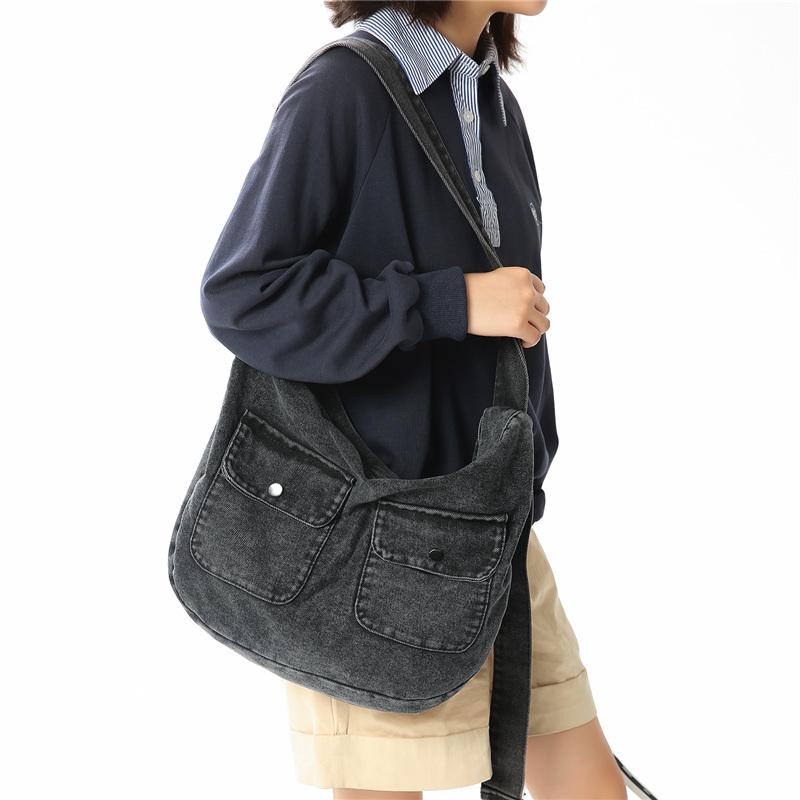 Borsa Hobo in Denim Lavato Vintage con Doppie Tasche Frontali a Pattina Borsa a Spalla Casual Morbida per Donne Quotidiana