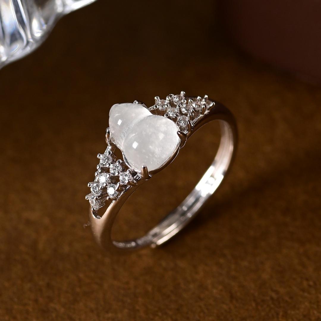 S925 Sterling Silver Jade Gourd Earrings & Egg Face Ring - High-End Exquisite Style Jewelry J024