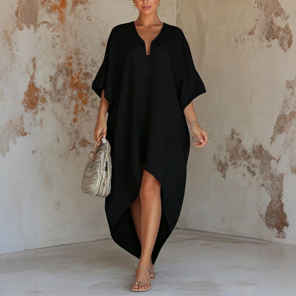 Loose Fit Beach Cover Up Dress Long Kaftan Robe with Pleated Design Vacation Wear Silk Feel Fabric Comfortable Lightweight