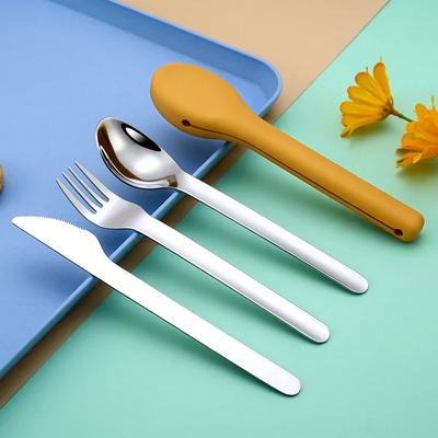 Portable Reusable Camping Picnic Travel Cutlery Set with Silicone Case, 304 Stainless Steel