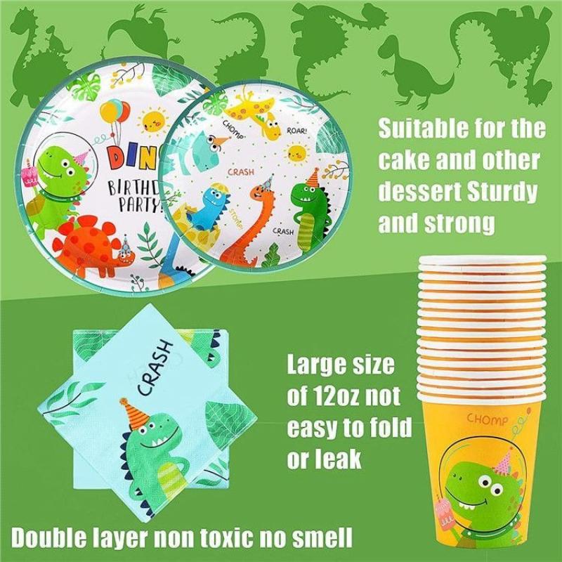 Green Dinosaur-themed Disposable Tableware Set for Children's Birthday Party Scene Decoration Supplies
