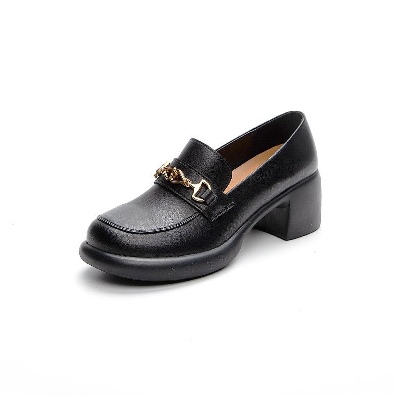 

2025 spring and autumn new single shoes cowhide handmade foot cover round head lazy thick heel middle heel British style retro small single shoes 35