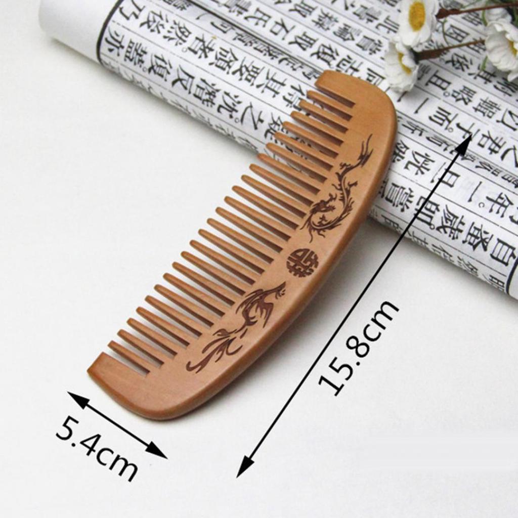Dragon Phoenix Engraved Peach Wood Healthy Massage Anti-Static Hair Care Comb