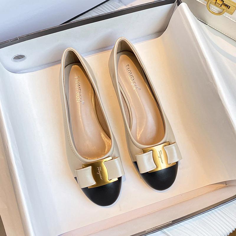 Spot cowhide version~ Grape mother same French temperament color matching bow leather light mouth thick heel single shoes women