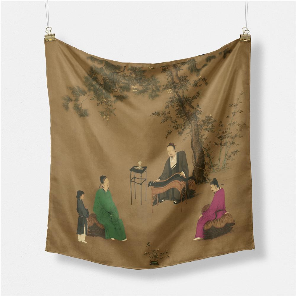 POBING Twill Silk Scarf Women Oil Painting Square Scarves Wraps Bandana Small Hijab Lady Foulards Tie Headband Neckerchief 53CM